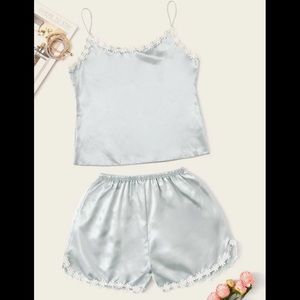 Light Gray, Flowered, Satin, Pajama Set